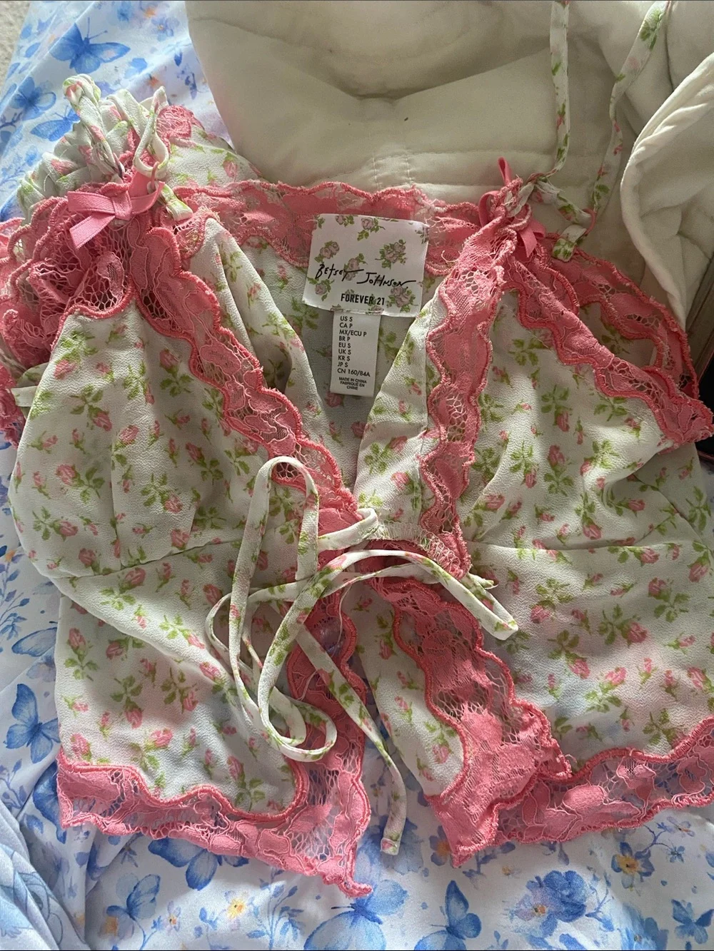 Betsey Johnson Cream Floral Lace-Trim Sleep Shorts in Pink & Green - Picture 3 of 4